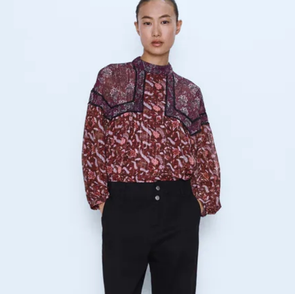Zara Maroon Floral Print High-Neck Blouse